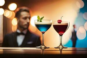 Due bicchieri di cocktail con un' uomo nel un' smoking. ai-generato foto
