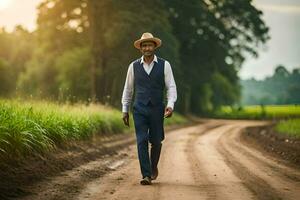 un' uomo nel un' cappello e completo da uomo a piedi giù un' sporco strada. ai-generato foto