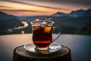 un' bicchiere di tè su un' di legno tavolo nel davanti di un' montagna Visualizza. ai-generato foto