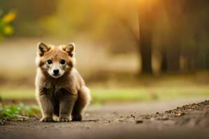 un' piccolo Marrone cucciolo è in piedi su un' sporco strada. ai-generato foto