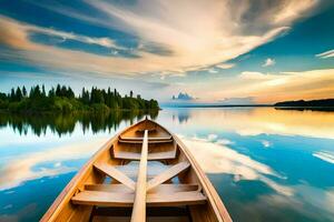 un' canoa è galleggiante su il calma acqua a tramonto. ai-generato foto