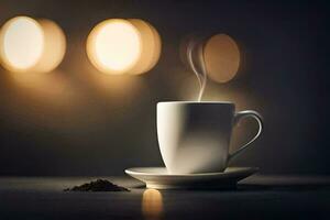un' tazza di caffè su un' tavolo con sfocato luci. ai-generato foto