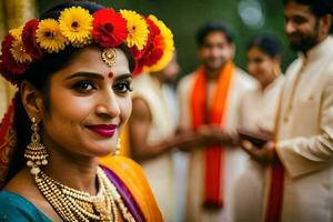 un' bellissimo indiano sposa con fiori nel sua capelli. ai-generato foto