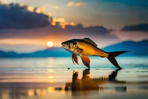un' pesce è in piedi su il acqua a tramonto. ai-generato foto