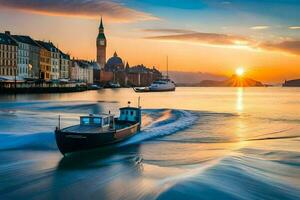 un' barca è andare in barca nel il acqua a tramonto. ai-generato foto