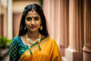 un' bellissimo indiano donna indossare un' giallo sari. ai-generato foto
