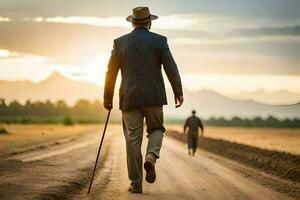 un' uomo a piedi giù un' sporco strada con un' canna. ai-generato foto