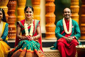 un' coppia e loro famiglia nel tradizionale indiano abbigliamento. ai-generato foto