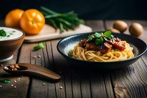 spaghetti con carne e verdure nel un' ciotola. ai-generato foto