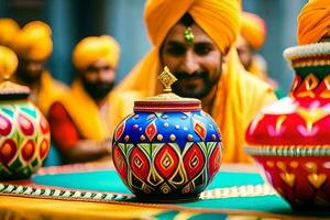 un' uomo nel un' turbante è Tenere un' colorato pentola. ai-generato foto