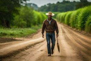 un' uomo nel un' cowboy cappello passeggiate giù un' sporco strada. ai-generato foto