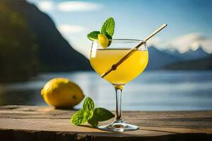 un' cocktail con Limone e menta su un' di legno tavolo. ai-generato foto