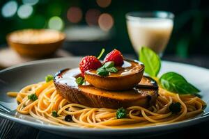 un' piatto di spaghetti con un' fetta di Pera e un' bicchiere di latte. ai-generato foto