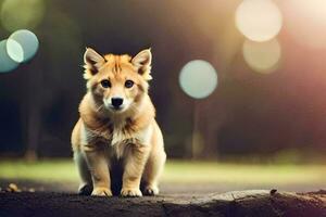 un' piccolo cane seduta su il terra nel davanti di un' sfocato sfondo. ai-generato foto