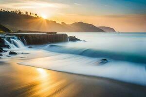 un' lungo esposizione fotografia di onde Crashing in il riva a tramonto. ai-generato foto