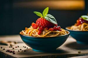 Due ciotole di spaghetti con fragole e basilico. ai-generato foto