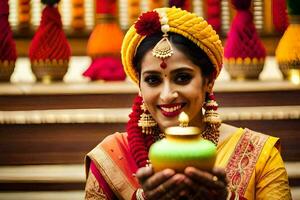 un' bellissimo indiano sposa Tenere un' giallo pentola. ai-generato foto