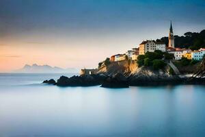 un' bellissimo tramonto al di sopra di un' piccolo cittadina su il costa. ai-generato foto