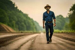 un' uomo nel un' cappello e blu camicia a piedi giù un' sporco strada. ai-generato foto