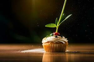 un' Cupcake con glassa e un' pianta su superiore. ai-generato foto