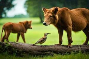 un' uccello e un' Leone in piedi su un' tronco d'albero. ai-generato foto