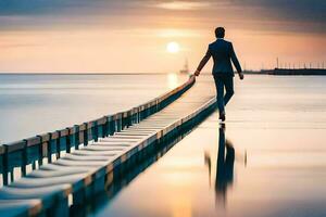 un' uomo nel un' completo da uomo passeggiate lungo un' molo a tramonto. ai-generato foto