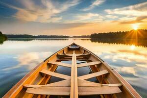 un' canoa è galleggiante su il calma acque di un' lago. ai-generato foto