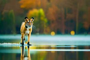 un' tigre a piedi attraverso un' lago nel il mezzo di il giorno. ai-generato foto