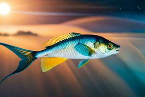 un' pesce nuoto nel il oceano a tramonto. ai-generato foto