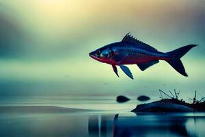 un' pesce è volante al di sopra di il acqua a tramonto. ai-generato foto