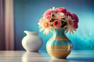 un' vaso con rosa fiori seduta su un' tavolo. ai-generato foto