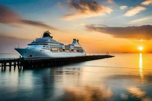 un' crociera nave attraccato a il molo a tramonto. ai-generato foto