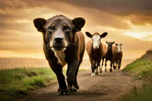 un' mucca a piedi giù un' sporco strada con altro mucche. ai-generato foto