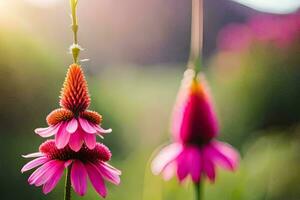 Due rosa fiori siamo in piedi nel il erba. ai-generato foto