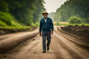 un vecchio uomo a piedi giù un' sporco strada. ai-generato foto