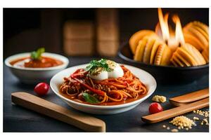 spaghetti con pomodoro salsa e uovo su un' piatto. ai-generato foto