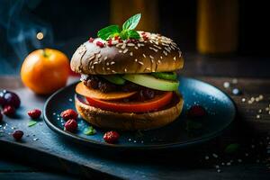 un' Hamburger con verdure e frutta su un' piatto. ai-generato foto