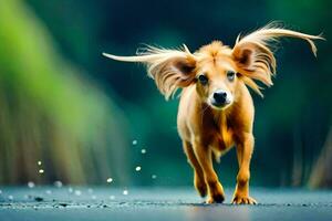 un' cane con lungo capelli in esecuzione su il strada. ai-generato foto