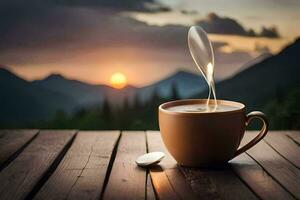 il caffè tazza è su un' di legno tavolo con un' montagna nel il sfondo. ai-generato foto