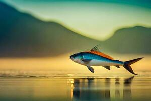 un' pesce è nuoto nel il acqua a tramonto. ai-generato foto