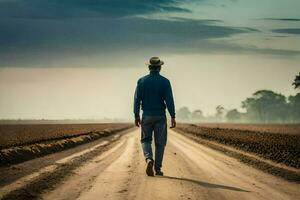 un' uomo a piedi giù un' sporco strada nel il mezzo di Da nessuna parte. ai-generato foto