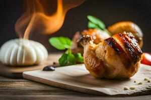 grigliato pollo su un' di legno taglio tavola con un' fiamma. ai-generato foto