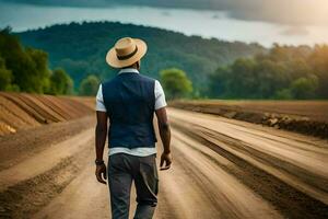 un' uomo nel un' cappello passeggiate giù un' sporco strada. ai-generato foto