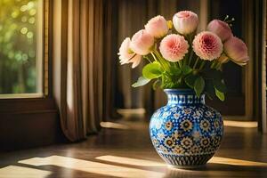 un' vaso con rosa fiori seduta su un' di legno pavimento. ai-generato foto