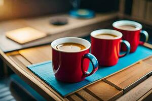 tre tazze di caffè su un' vassoio. ai-generato foto