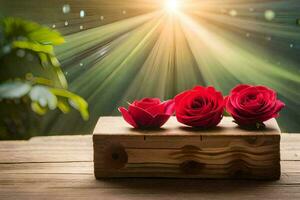 tre rosso Rose nel un' di legno scatola su un' tavolo. ai-generato foto