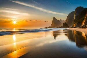 il sole imposta al di sopra di il oceano e rocce su un' spiaggia. ai-generato foto