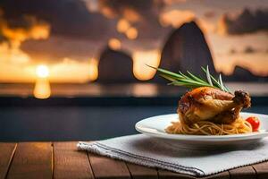 pollo e pasta su un' piatto con un' tramonto Visualizza. ai-generato foto