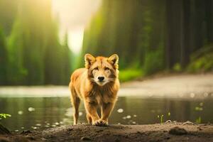 un' cane a piedi lungo un' fiume nel il foresta. ai-generato foto