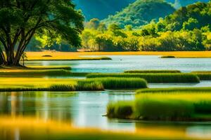 un' fiume con erba e alberi nel il primo piano. ai-generato foto